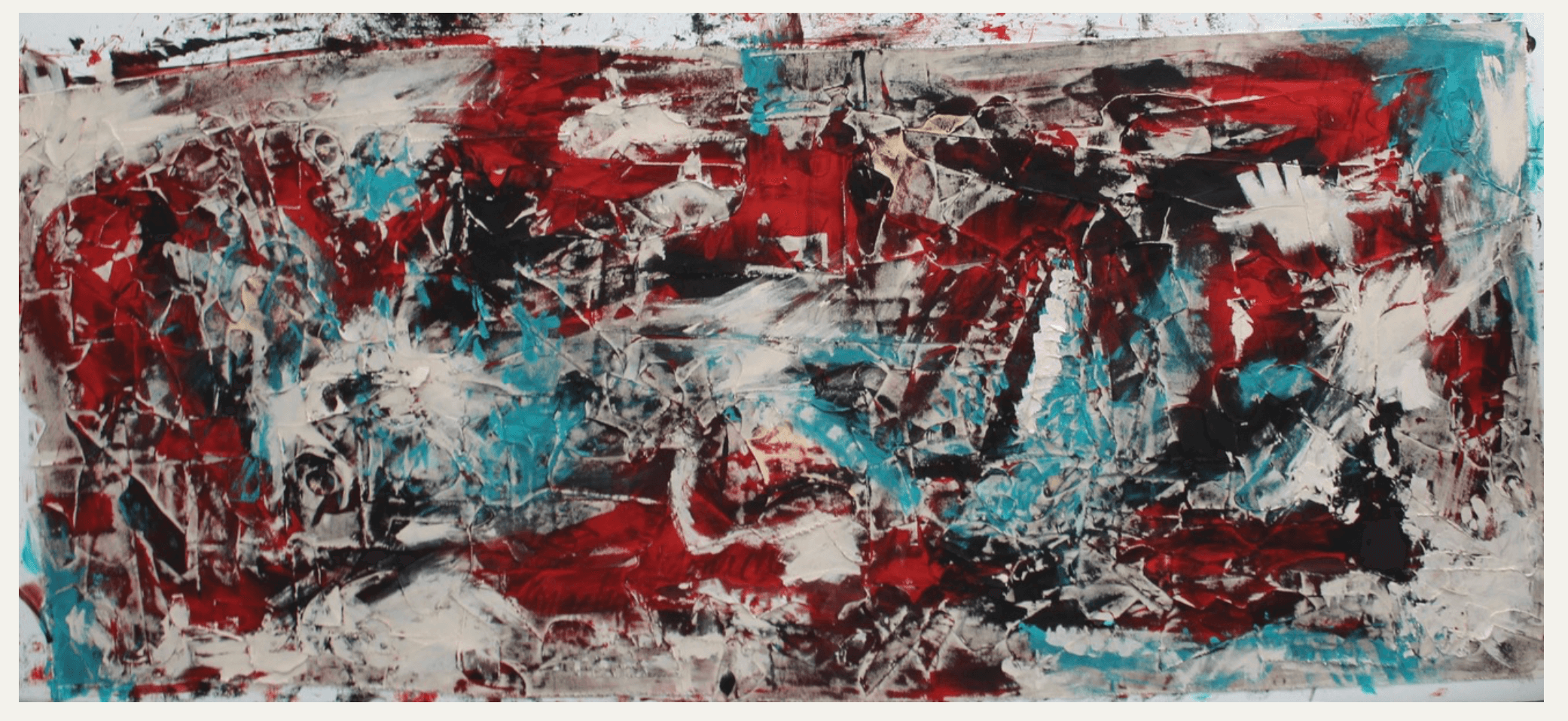 Abstract painting featuring bold red, blue, and black brushstrokes intermingled with patches of white, creating a dynamic, textured pattern. The background is an indistinct, abstract design.