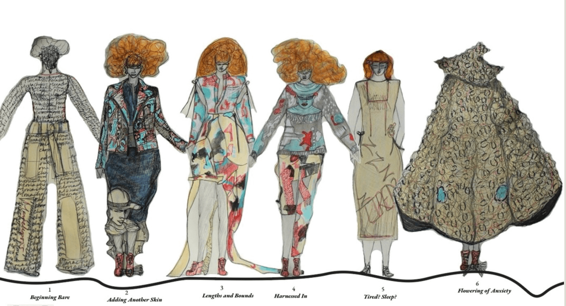 Fashion illustrations depict six avant-garde outfits on figures. Each outfit features unique designs, including bold patterns and textured garments. Labeled below are: "1 Beginning Bare," "2 Adding Another Skin," "3 Lengths and Bounds," "4 Harnessed In," "5 Tired? Sleep?," and "6 Flowering of Anxiety."