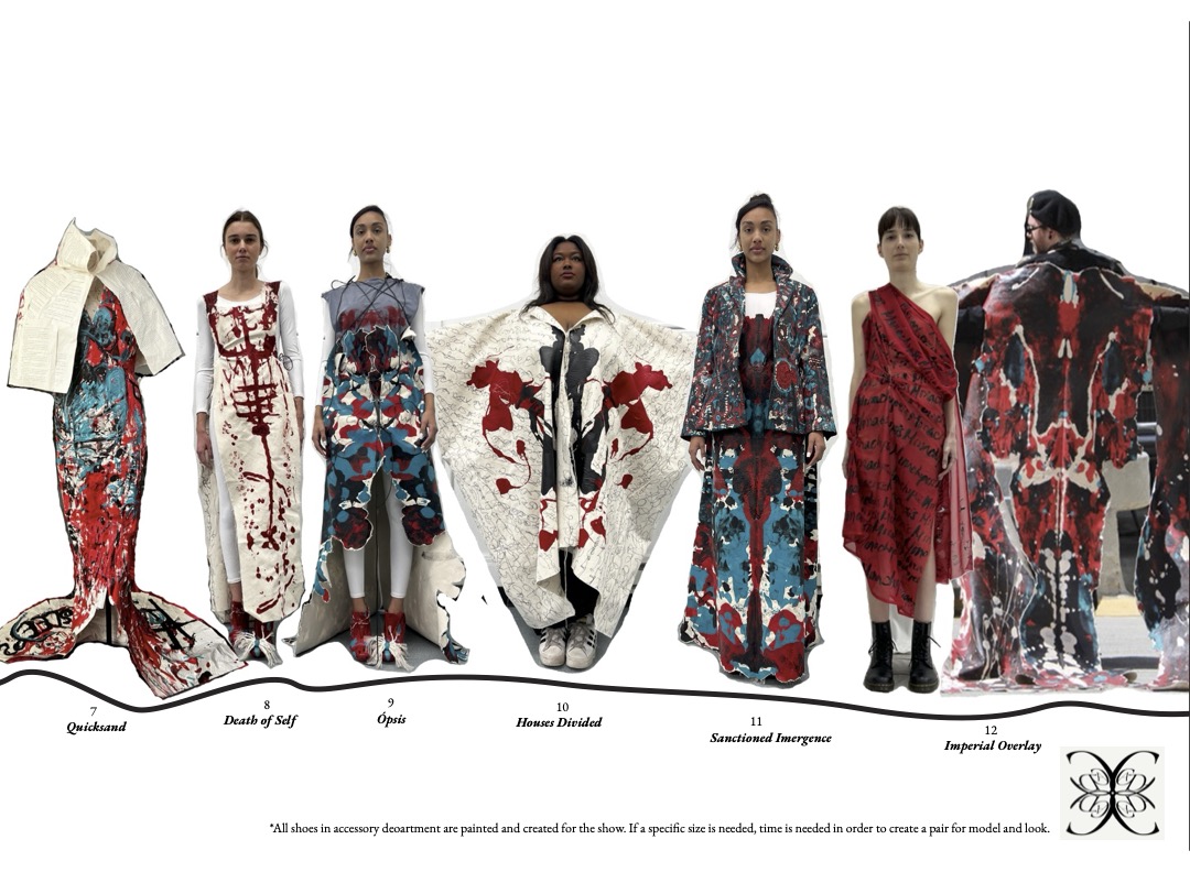 Models display fashion outfits with bold patterns and colors against a white background. Each design is numbered with names: "Quicksand," "Death of Self," "Ópsis," "Houses Divided," "Sanctioned Inurgence," "Imperial Overlay." Text reads: "All shoes in accessory department are painted and created for the show. If a specific size is needed, time is needed in order to create a pair for model and look."