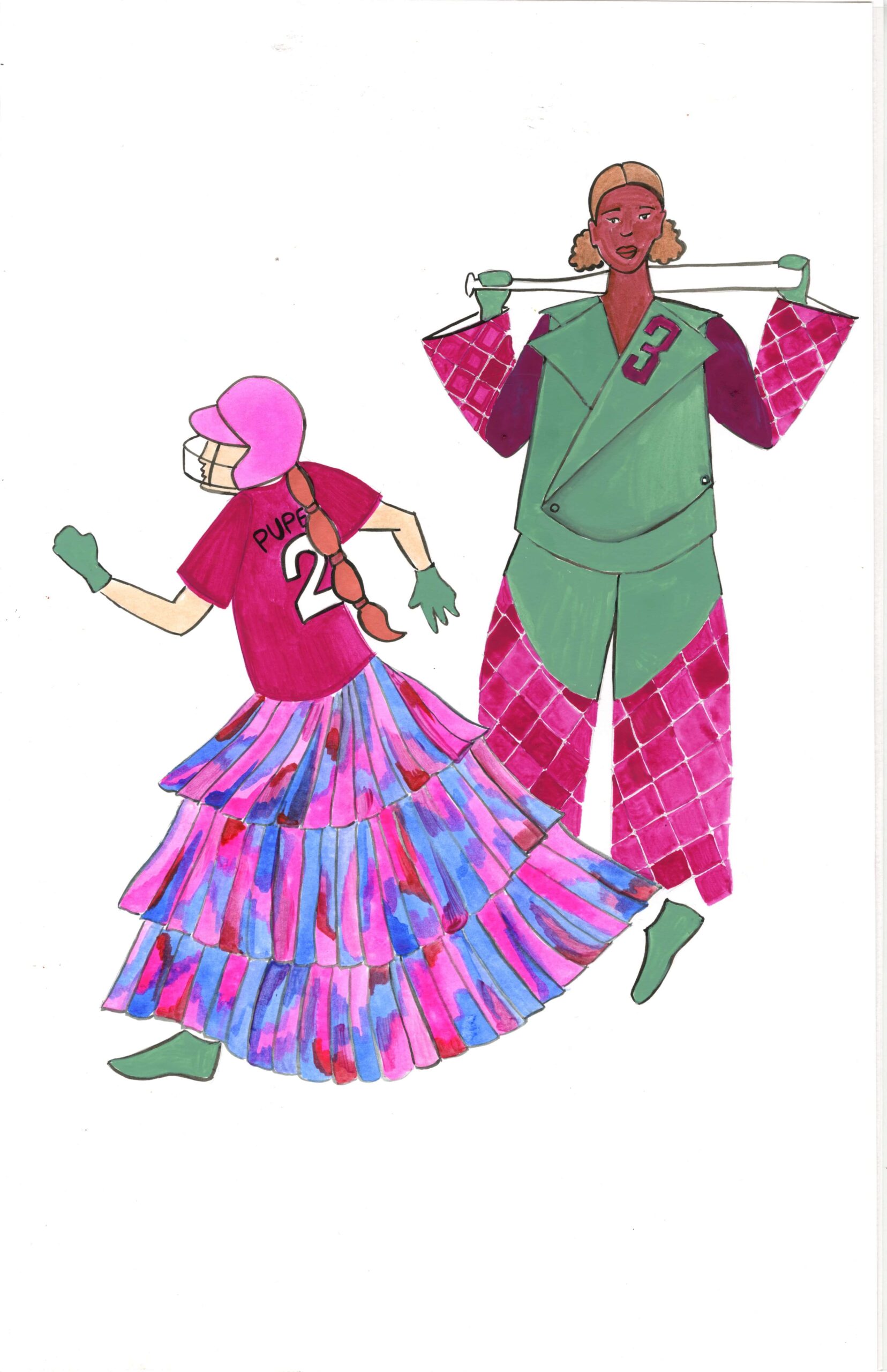 Two figures in colorful attire; one in a baseball uniform and layered skirt labeled "PUPEE 2," the other in a green suit holding a bat over shoulders, numbered "3" against a white backdrop.