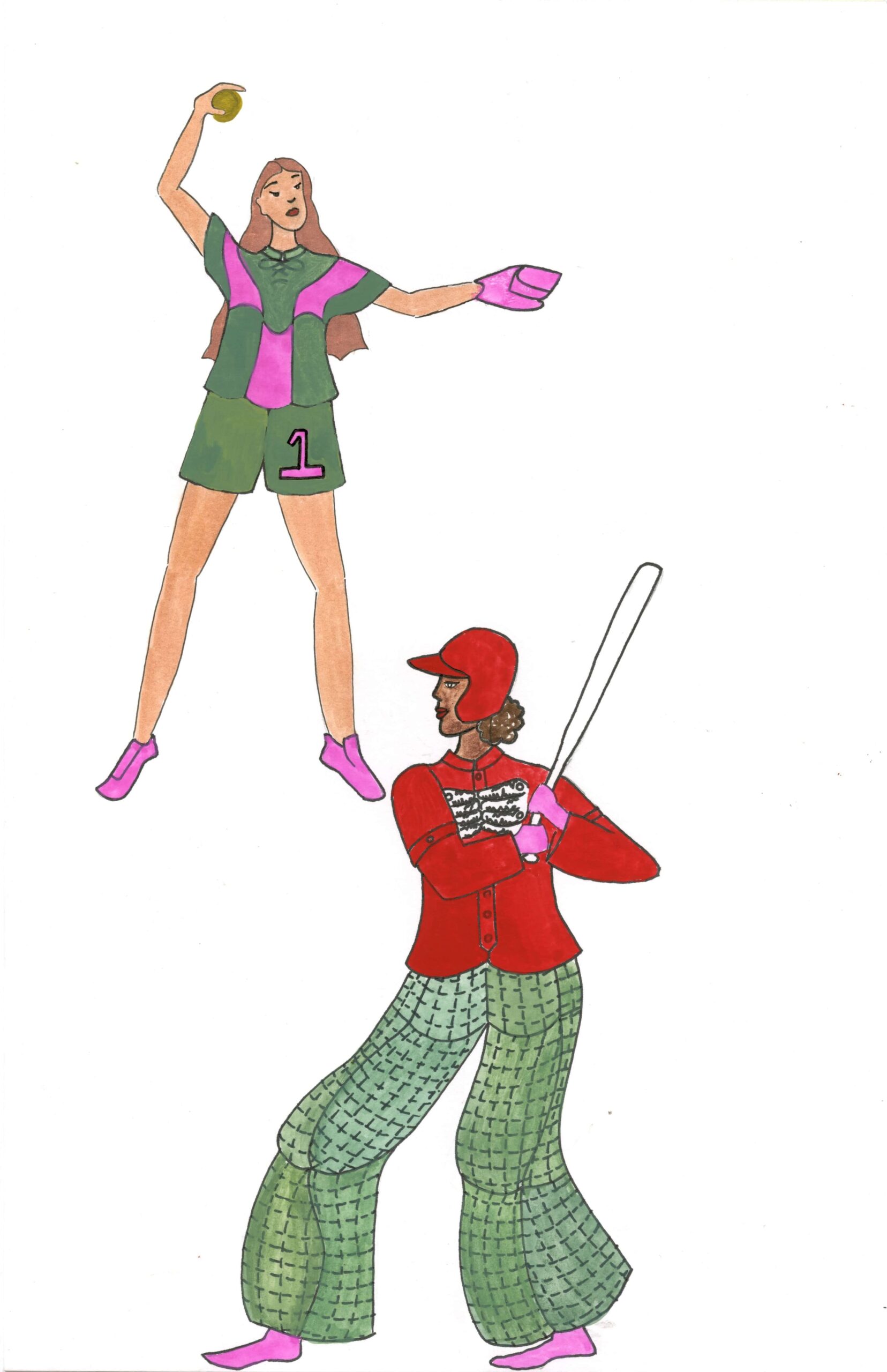 Two stylized athletes in colorful uniforms. The one above throws a ball, wearing green and purple with "1" on shorts. Below, another prepares to bat, dressed in red and green plaid.